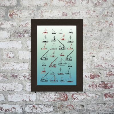 Drawing of sailboats from around the world on brick background