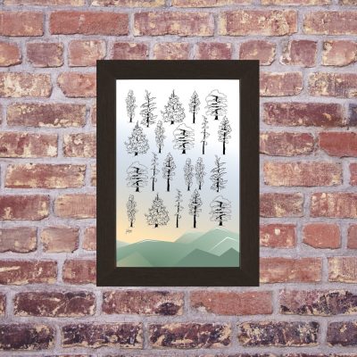 Rocky Mountain tree drawing on brick background