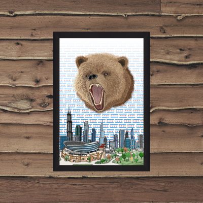 Chicago bear and skyline painting on black frame