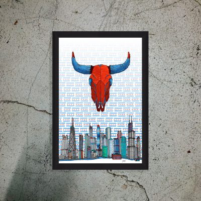 Bull of Chicago and skyline painting on black frame