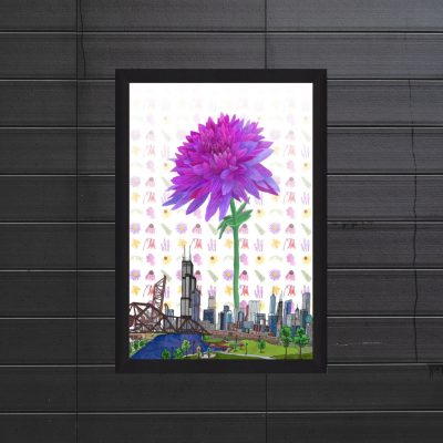 Chicago flower and Ping Tom skyline view on black frame
