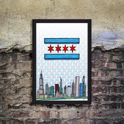 Chicago flag and skyline painting on brick background