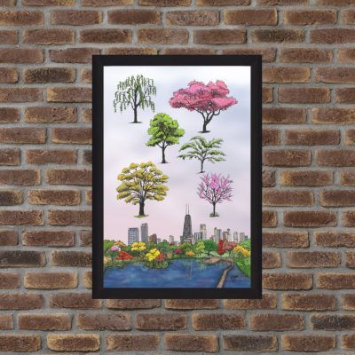 Lincoln Park Skyline and Chicago trees painting on brick background
